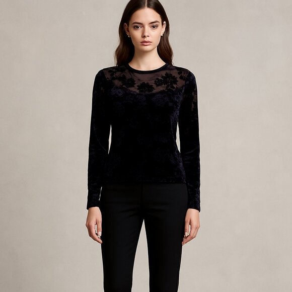 DONNA Black Velvet Floral Burnout Accented Top 90's Goth Vamp  Size L - Picture 2 of 6